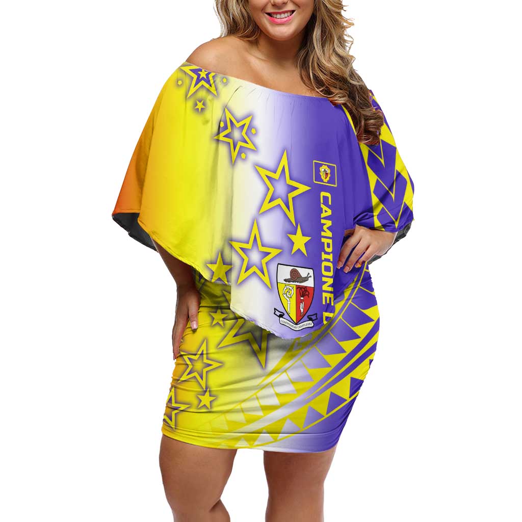 Campione d’Italia Family Matching Off Shoulder Short Dress and Hawaiian Shirt with Yellow Purple Star Design and Town Crest - Wonder Print Shop