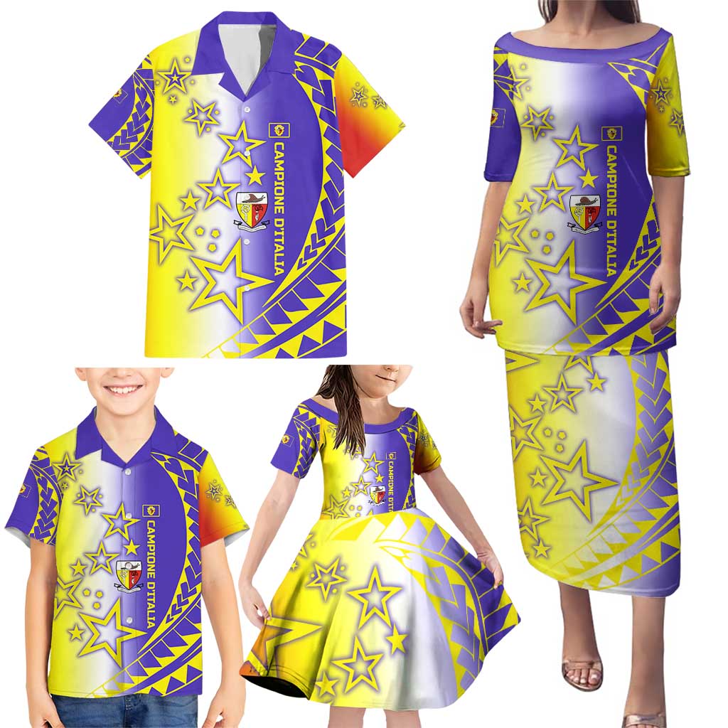 Campione d’Italia Family Matching Puletasi and Hawaiian Shirt with Yellow Purple Star Design and Town Crest - Wonder Print Shop