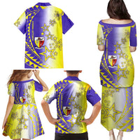 Campione d’Italia Family Matching Puletasi and Hawaiian Shirt with Yellow Purple Star Design and Town Crest - Wonder Print Shop