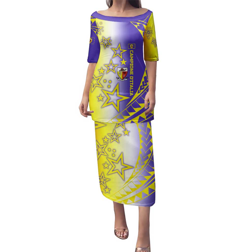 Campione d’Italia Family Matching Puletasi and Hawaiian Shirt with Yellow Purple Star Design and Town Crest - Wonder Print Shop