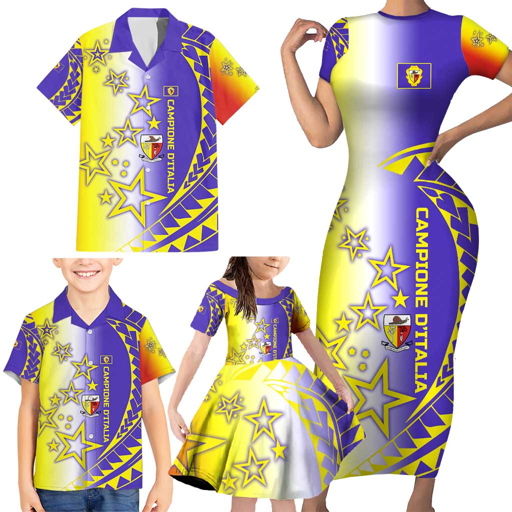 Campione d’Italia Family Matching Short Sleeve Bodycon Dress and Hawaiian Shirt with Yellow Purple Star Design and Town Crest - Wonder Print Shop