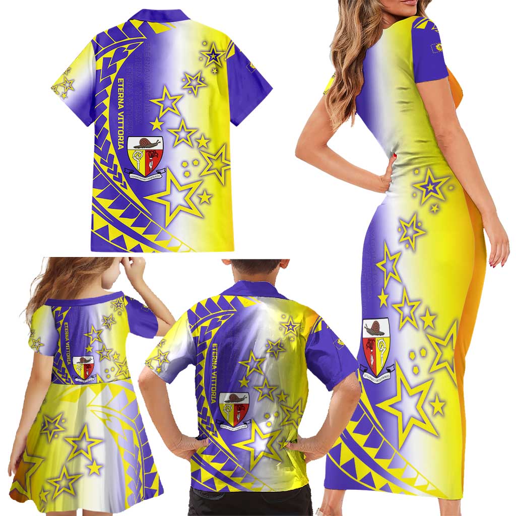 Campione d’Italia Family Matching Short Sleeve Bodycon Dress and Hawaiian Shirt with Yellow Purple Star Design and Town Crest - Wonder Print Shop