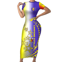Campione d’Italia Family Matching Short Sleeve Bodycon Dress and Hawaiian Shirt with Yellow Purple Star Design and Town Crest - Wonder Print Shop