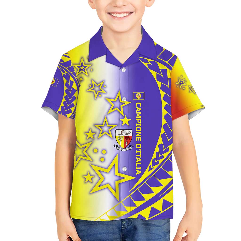 Campione d’Italia Family Matching Short Sleeve Bodycon Dress and Hawaiian Shirt with Yellow Purple Star Design and Town Crest - Wonder Print Shop
