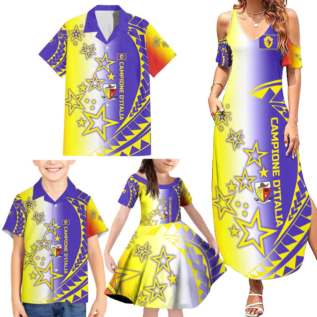 Campione d’Italia Family Matching Summer Maxi Dress and Hawaiian Shirt with Yellow Purple Star Design and Town Crest - Wonder Print Shop