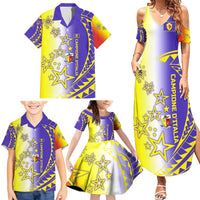 Campione d’Italia Family Matching Summer Maxi Dress and Hawaiian Shirt with Yellow Purple Star Design and Town Crest - Wonder Print Shop