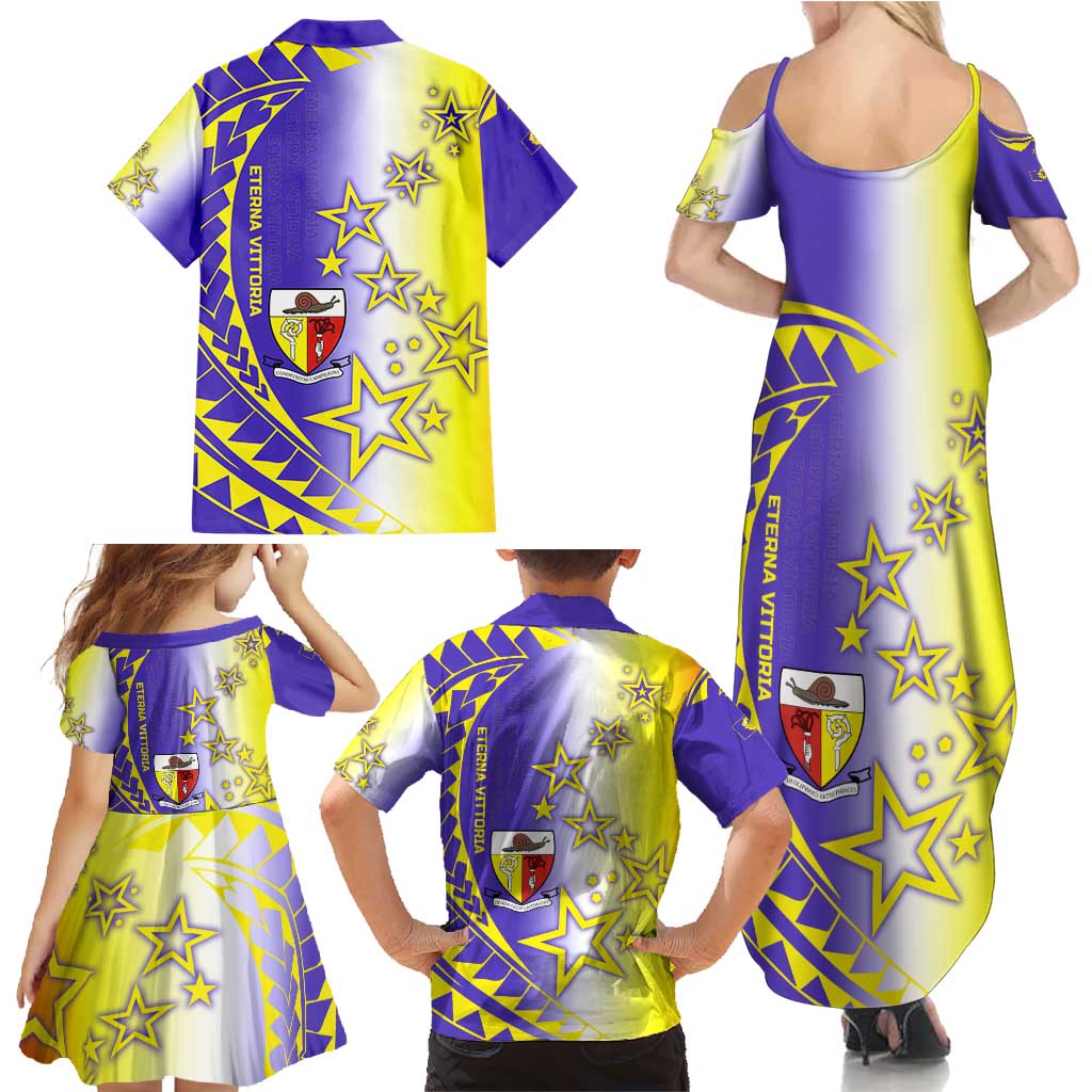 Campione d’Italia Family Matching Summer Maxi Dress and Hawaiian Shirt with Yellow Purple Star Design and Town Crest - Wonder Print Shop