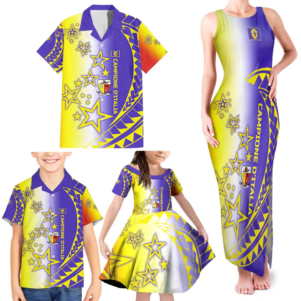 Campione d’Italia Family Matching Tank Maxi Dress and Hawaiian Shirt with Yellow Purple Star Design and Town Crest - Wonder Print Shop