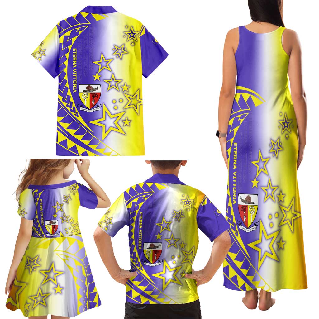 Campione d’Italia Family Matching Tank Maxi Dress and Hawaiian Shirt with Yellow Purple Star Design and Town Crest - Wonder Print Shop