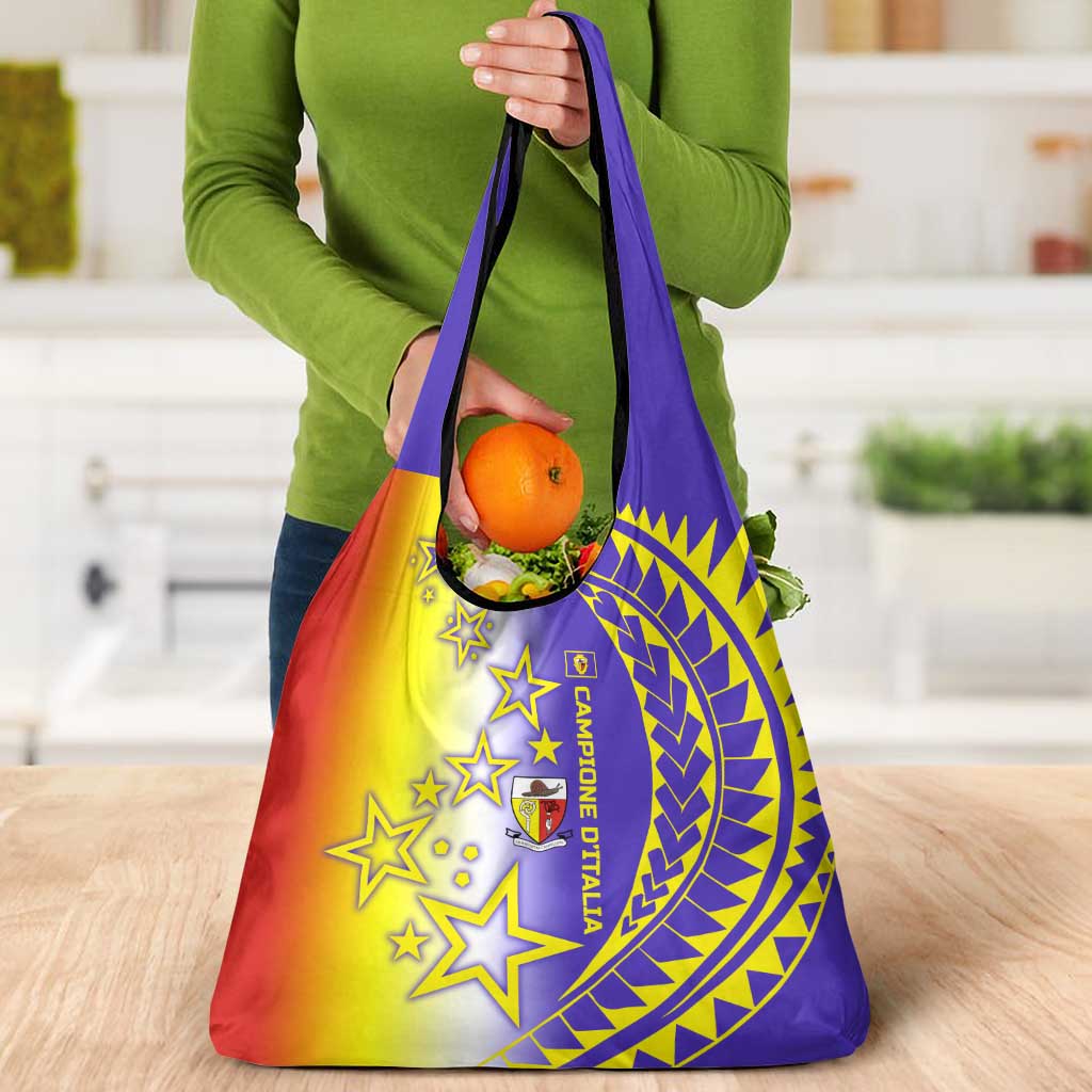 Campione d’Italia Grocery Bag with Yellow Purple Star Design and Town Crest - Wonder Print Shop