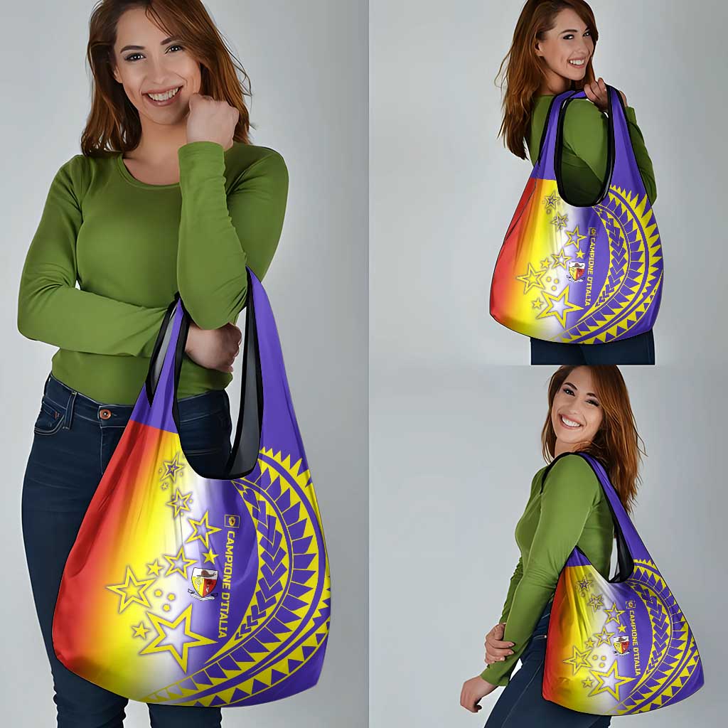 Campione d’Italia Grocery Bag with Yellow Purple Star Design and Town Crest - Wonder Print Shop