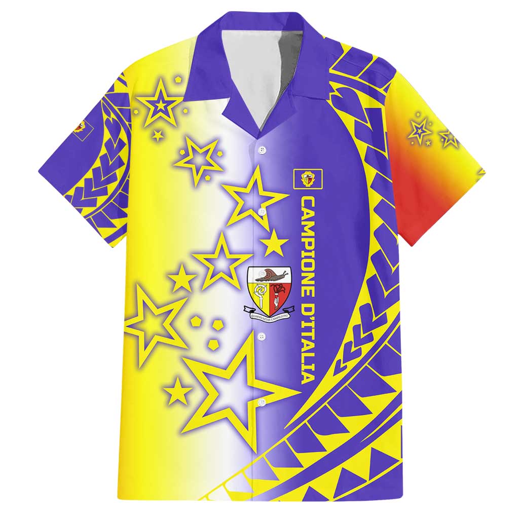 Campione d’Italia Hawaiian Shirt with Yellow Purple Star Design and Town Crest - Wonder Print Shop