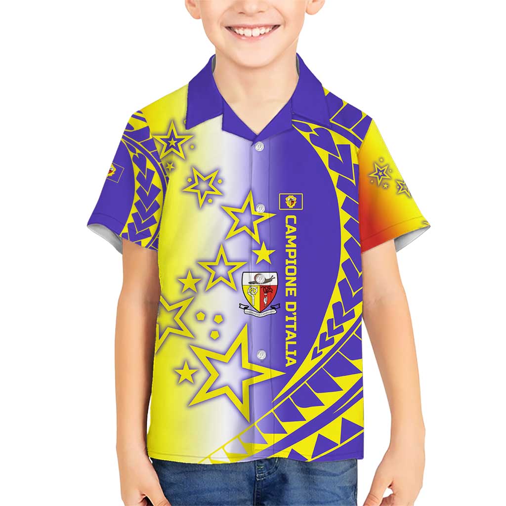 Campione d’Italia Kid Hawaiian Shirt with Yellow Purple Star Design and Town Crest - Wonder Print Shop