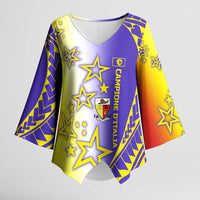 Campione d’Italia Kimono Sleeve Blouse with Yellow Purple Star Design and Town Crest - Wonder Print Shop