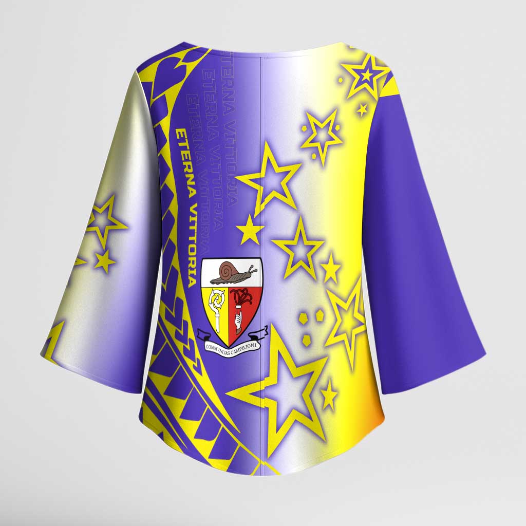 Campione d’Italia Kimono Sleeve Blouse with Yellow Purple Star Design and Town Crest - Wonder Print Shop