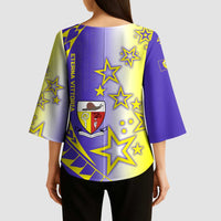 Campione d’Italia Kimono Sleeve Blouse with Yellow Purple Star Design and Town Crest - Wonder Print Shop