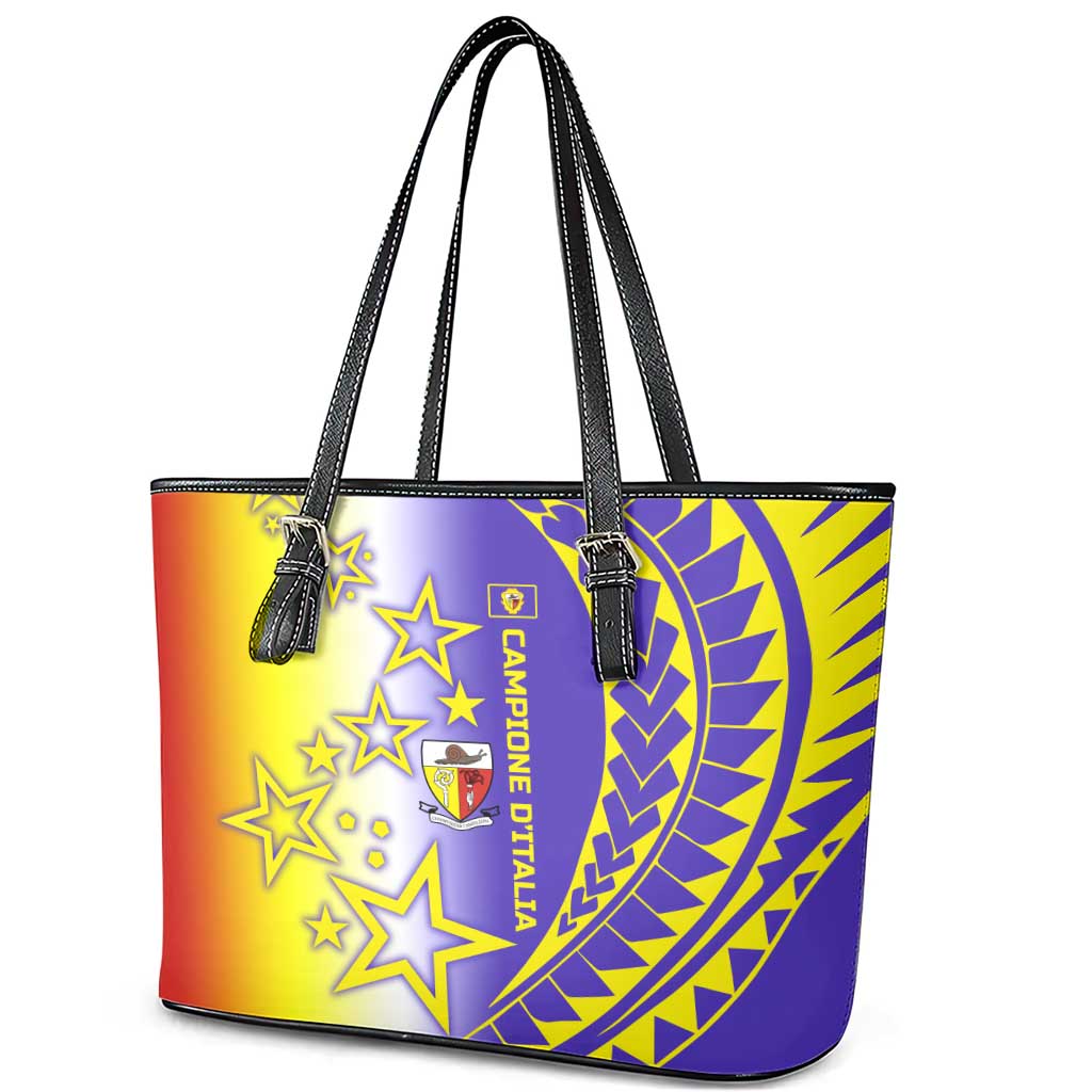 Campione d’Italia Leather Tote Bag with Yellow Purple Star Design and Town Crest - Wonder Print Shop