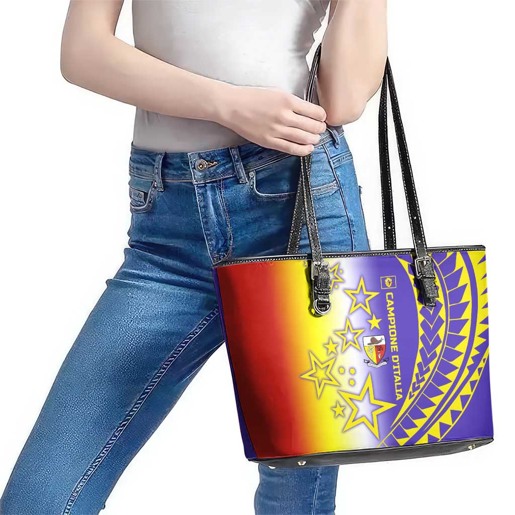 Campione d’Italia Leather Tote Bag with Yellow Purple Star Design and Town Crest - Wonder Print Shop