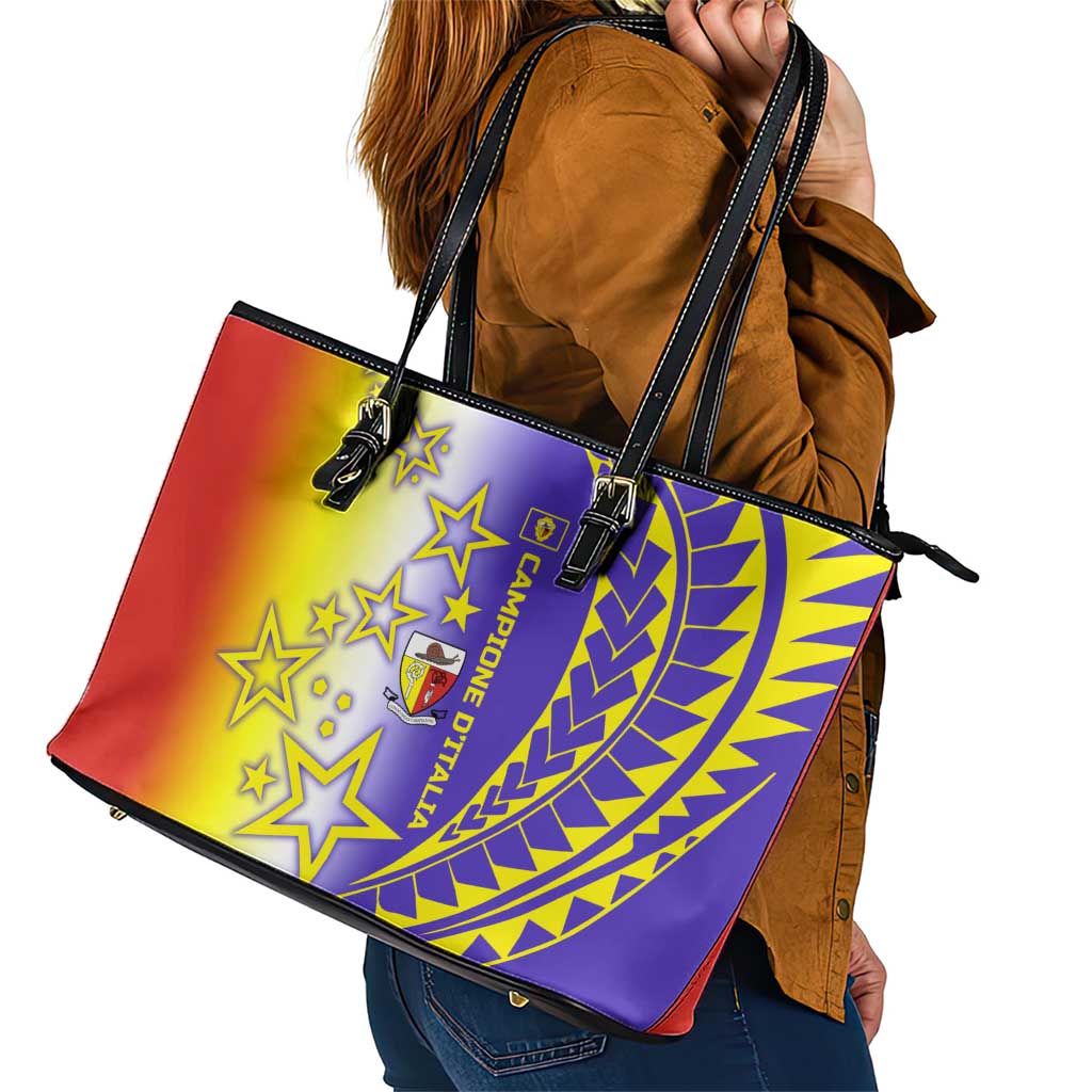Campione d’Italia Leather Tote Bag with Yellow Purple Star Design and Town Crest - Wonder Print Shop