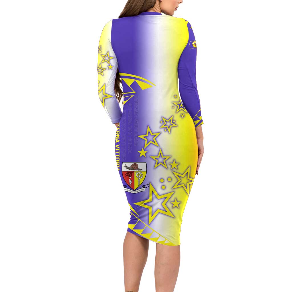 Campione d’Italia Long Sleeve Bodycon Dress with Yellow Purple Star Design and Town Crest - Wonder Print Shop