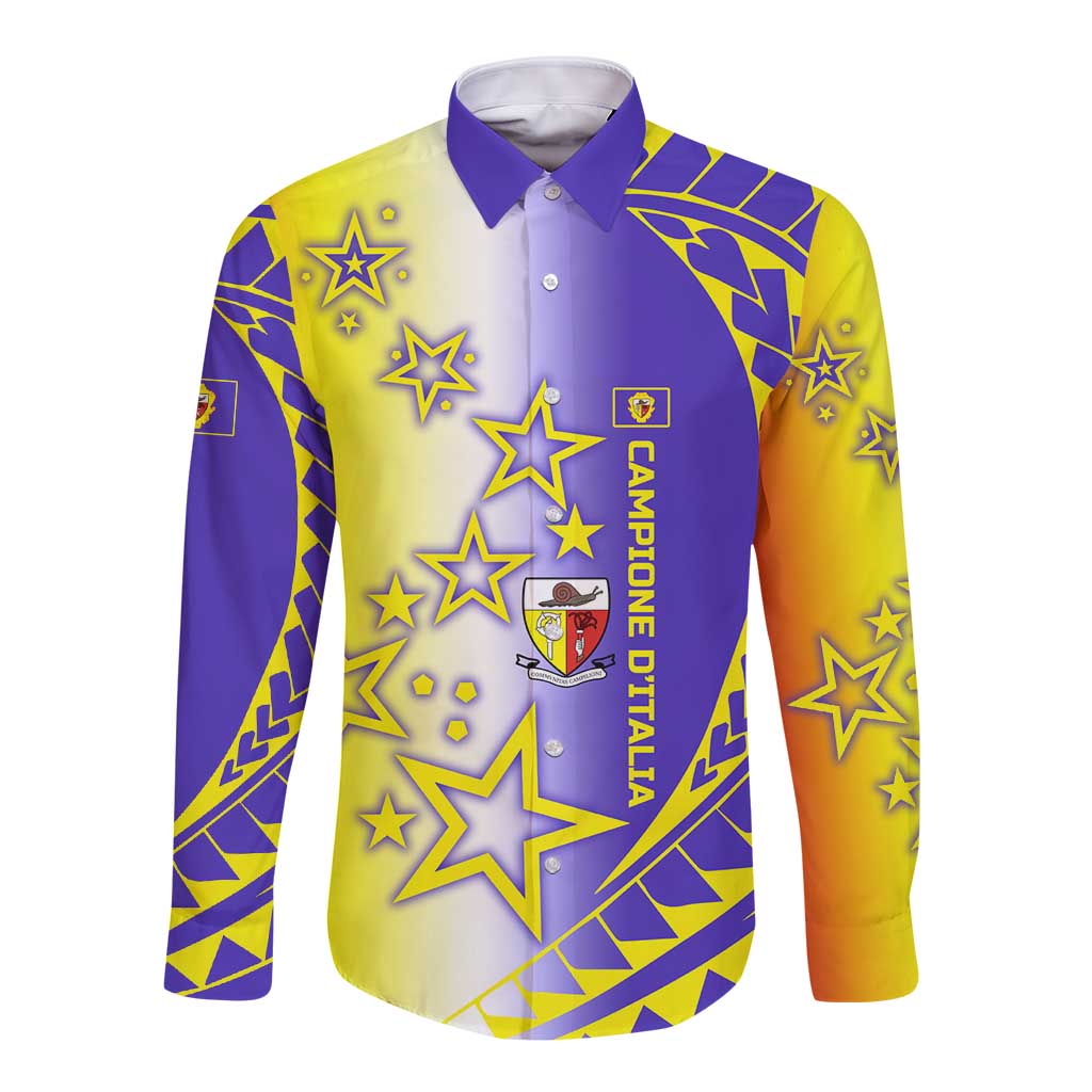 Campione d’Italia Long Sleeve Button Shirt with Yellow Purple Star Design and Town Crest - Wonder Print Shop