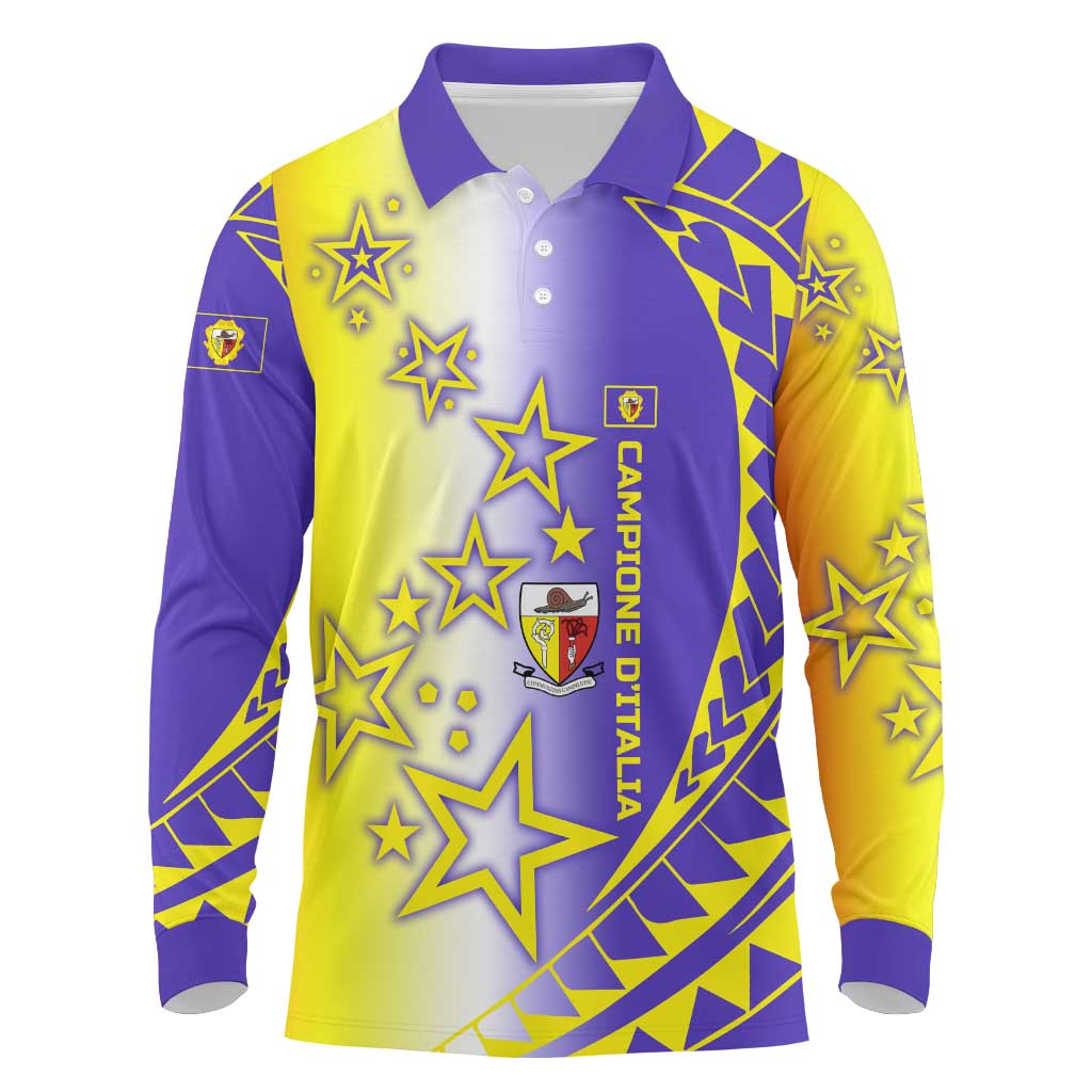 Campione d’Italia Long Sleeve Polo Shirt with Yellow Purple Star Design and Town Crest - Wonder Print Shop