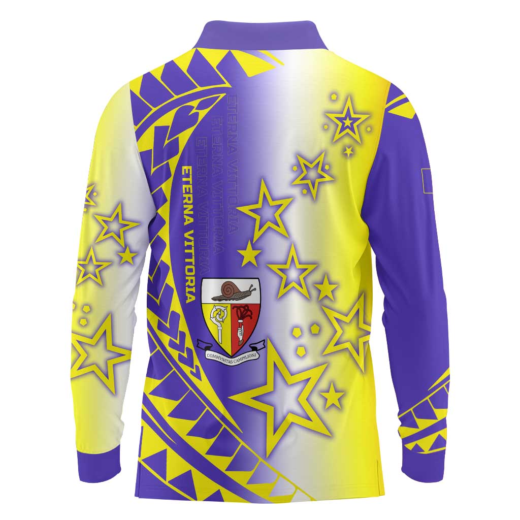 Campione d’Italia Long Sleeve Polo Shirt with Yellow Purple Star Design and Town Crest - Wonder Print Shop