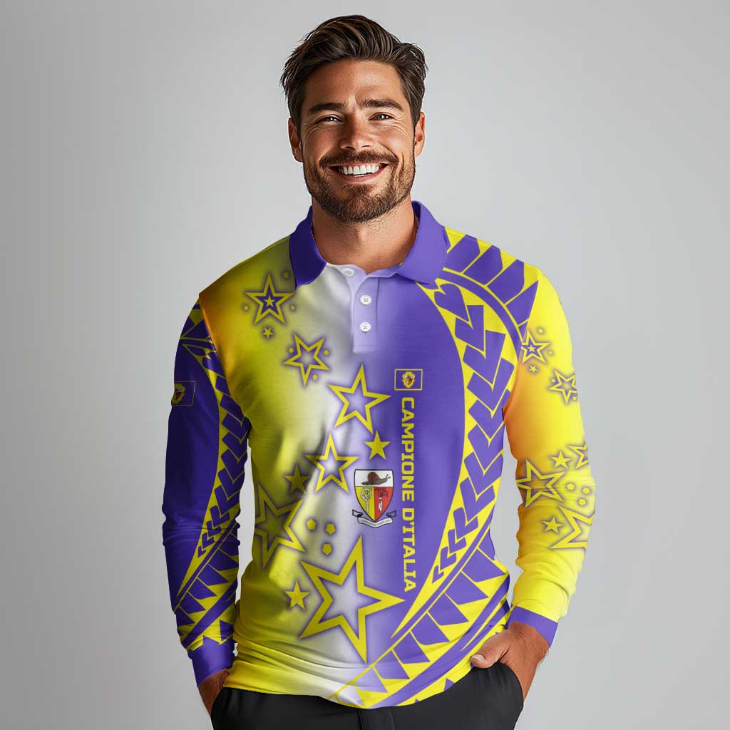 Campione d’Italia Long Sleeve Polo Shirt with Yellow Purple Star Design and Town Crest - Wonder Print Shop