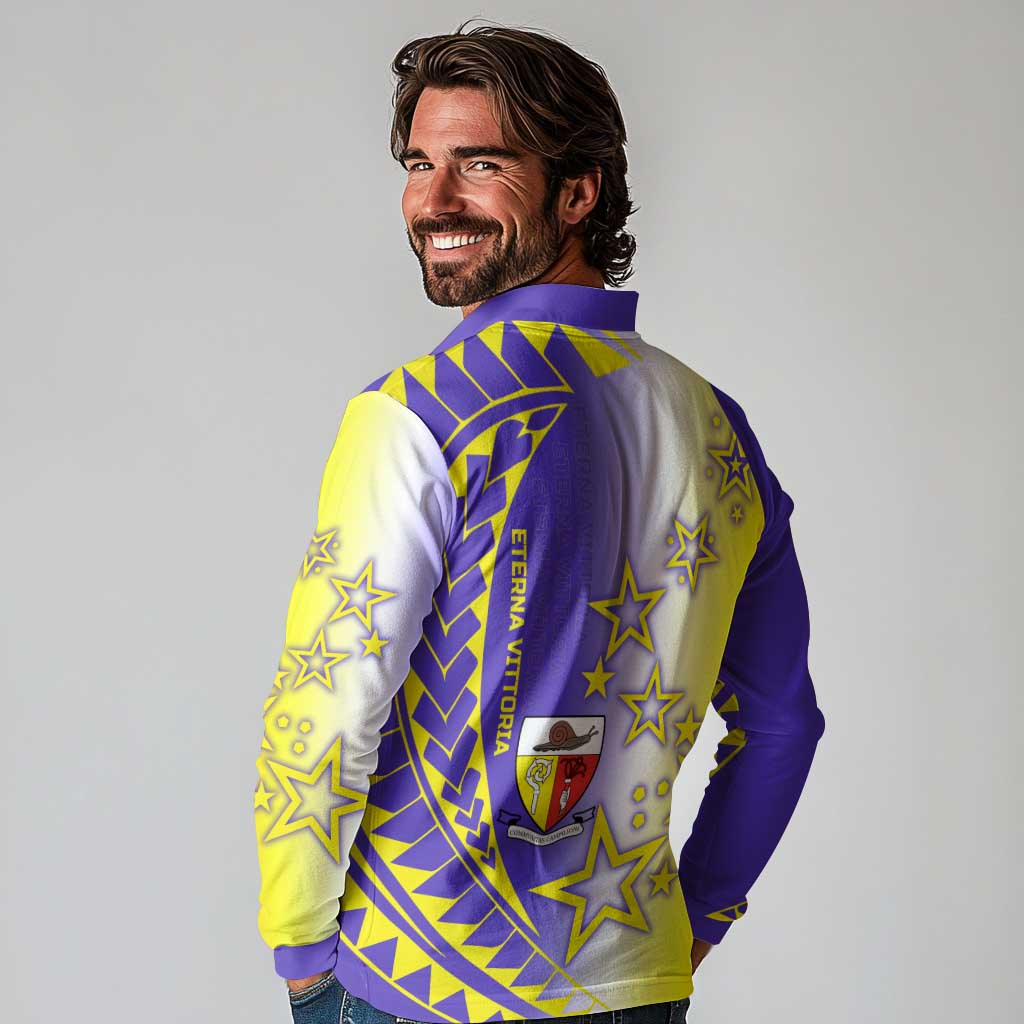Campione d’Italia Long Sleeve Polo Shirt with Yellow Purple Star Design and Town Crest - Wonder Print Shop