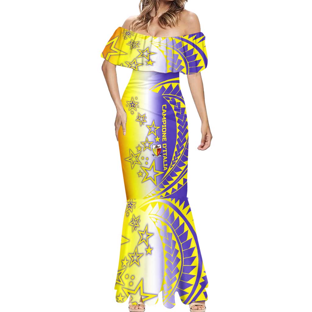 Campione d’Italia Mermaid Dress with Yellow Purple Star Design and Town Crest - Wonder Print Shop