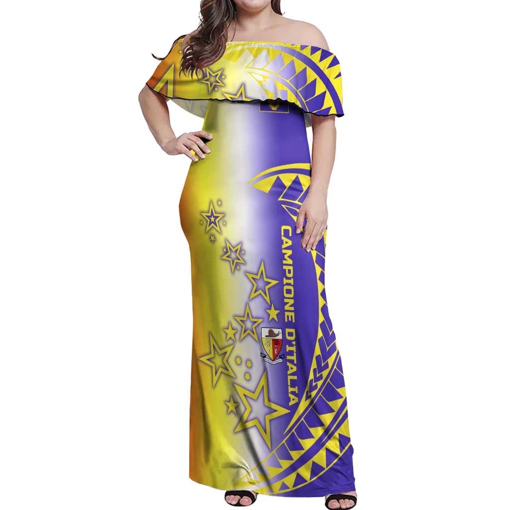 Campione d’Italia Off Shoulder Maxi Dress with Yellow Purple Star Design and Town Crest - Wonder Print Shop