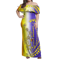 Campione d’Italia Off Shoulder Maxi Dress with Yellow Purple Star Design and Town Crest - Wonder Print Shop