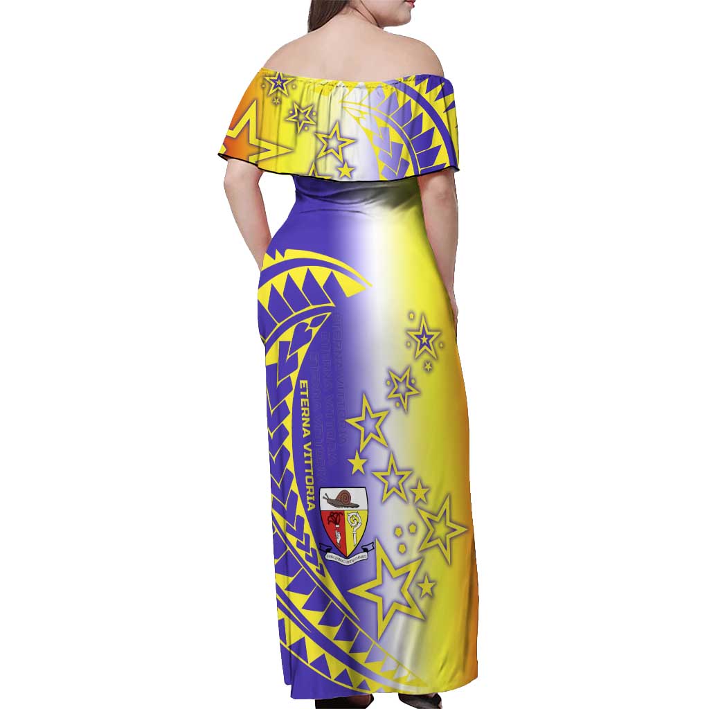 Campione d’Italia Off Shoulder Maxi Dress with Yellow Purple Star Design and Town Crest - Wonder Print Shop