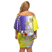 Campione d’Italia Off Shoulder Short Dress with Yellow Purple Star Design and Town Crest - Wonder Print Shop