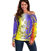 Campione d’Italia Off Shoulder Sweater with Yellow Purple Star Design and Town Crest - Wonder Print Shop