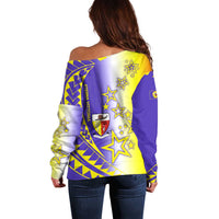 Campione d’Italia Off Shoulder Sweater with Yellow Purple Star Design and Town Crest - Wonder Print Shop