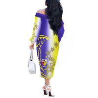 Campione d’Italia Off The Shoulder Long Sleeve Dress with Yellow Purple Star Design and Town Crest - Wonder Print Shop