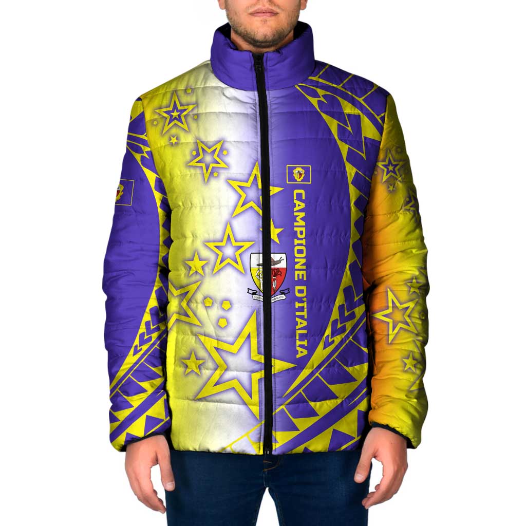 Campione d’Italia Padded Jacket with Yellow Purple Star Design and Town Crest - Wonder Print Shop