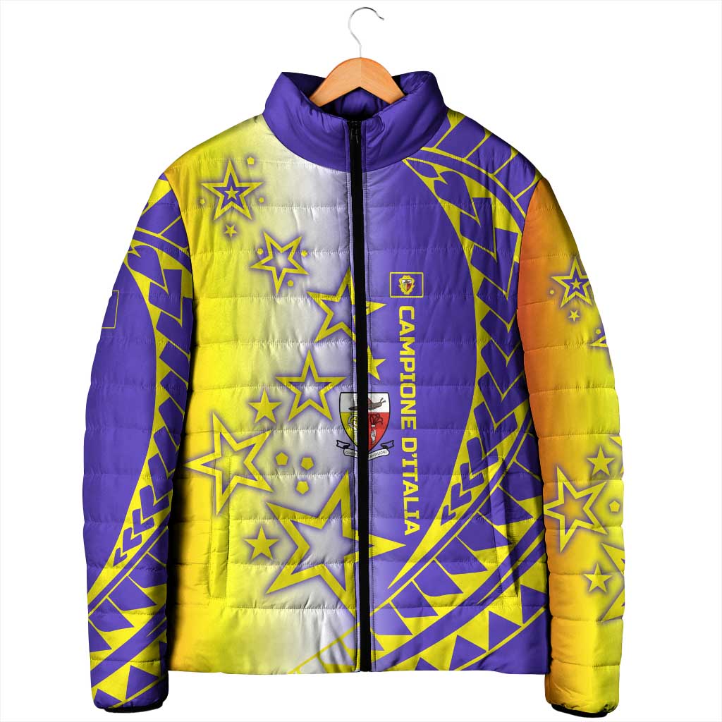 Campione d’Italia Padded Jacket with Yellow Purple Star Design and Town Crest - Wonder Print Shop
