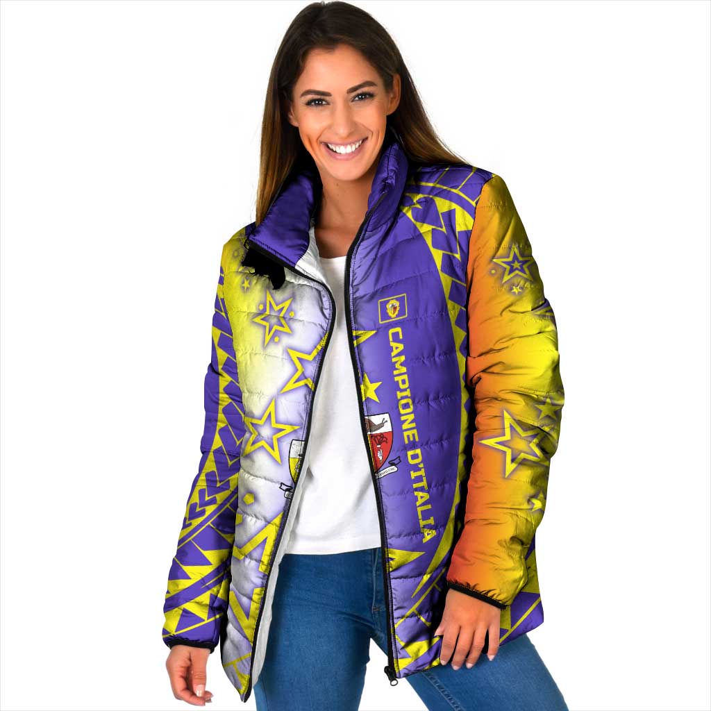 Campione d’Italia Padded Jacket with Yellow Purple Star Design and Town Crest - Wonder Print Shop