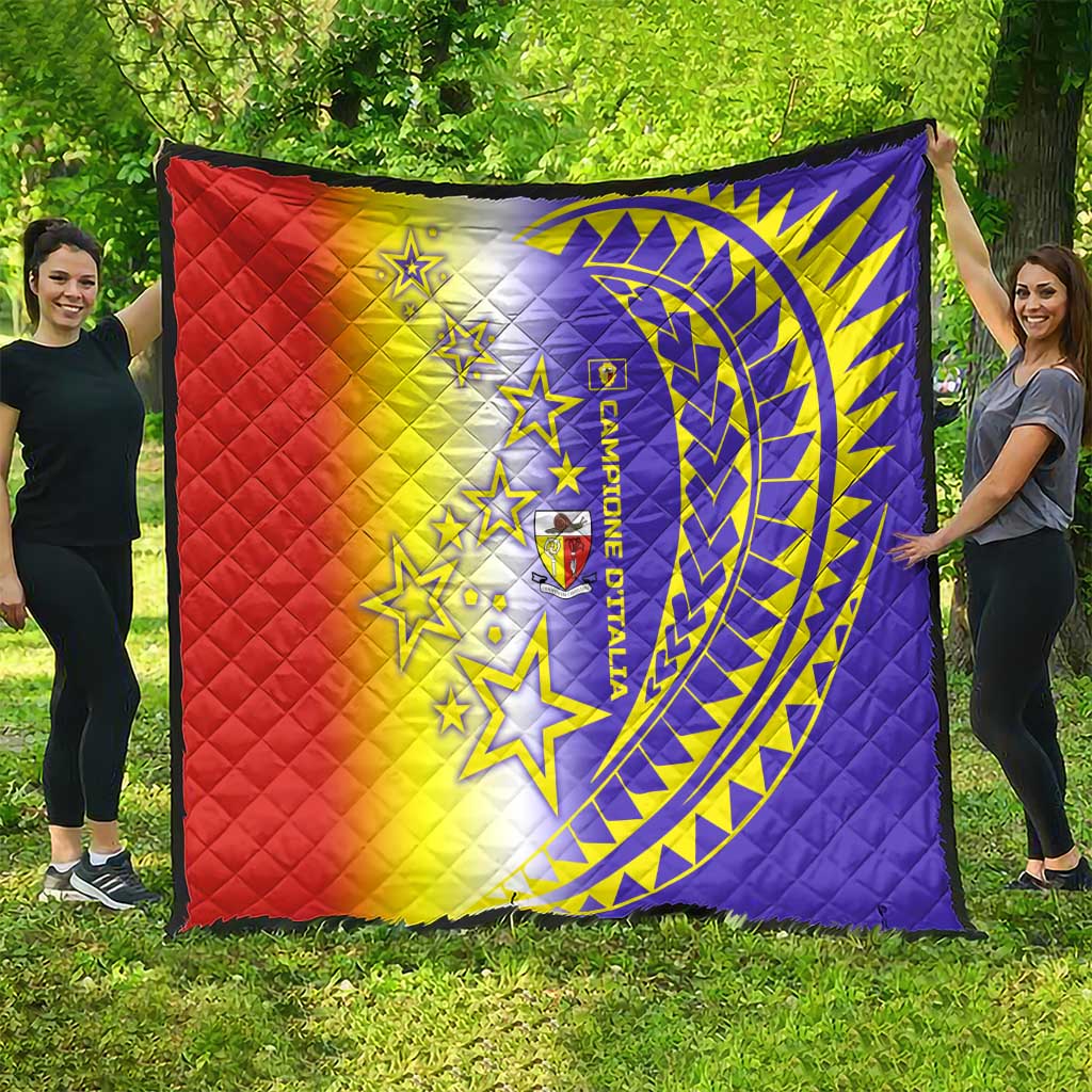 Campione d’Italia Quilt with Yellow Purple Star Design and Town Crest - Wonder Print Shop