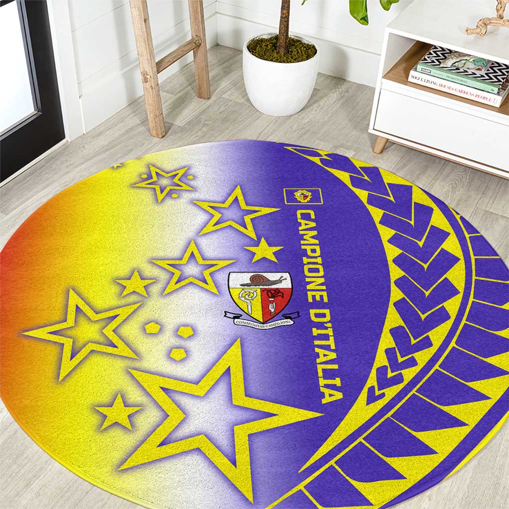 Campione d’Italia Round Carpet with Yellow Purple Star Design and Town Crest - Wonder Print Shop