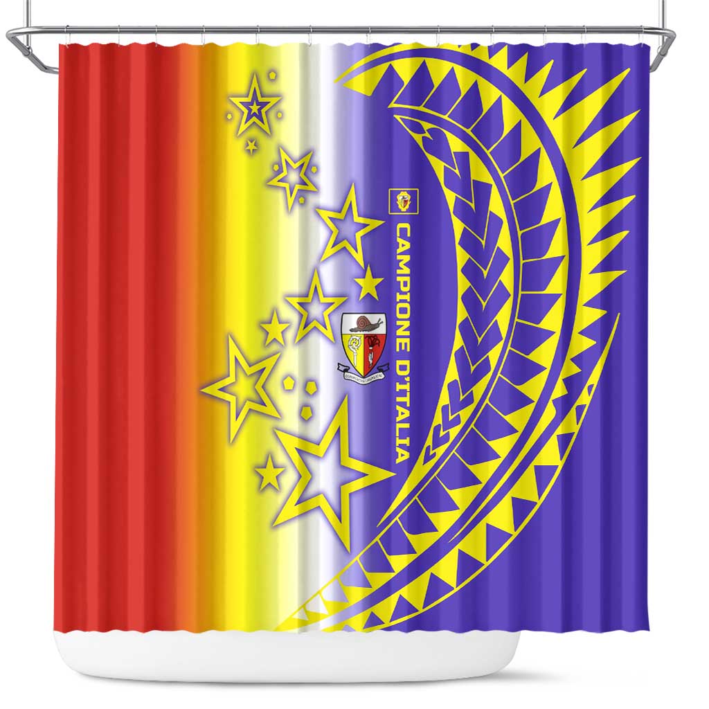 Campione d’Italia Shower Curtain with Yellow Purple Star Design and Town Crest - Wonder Print Shop