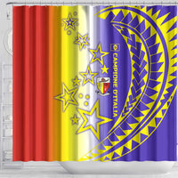 Campione d’Italia Shower Curtain with Yellow Purple Star Design and Town Crest - Wonder Print Shop