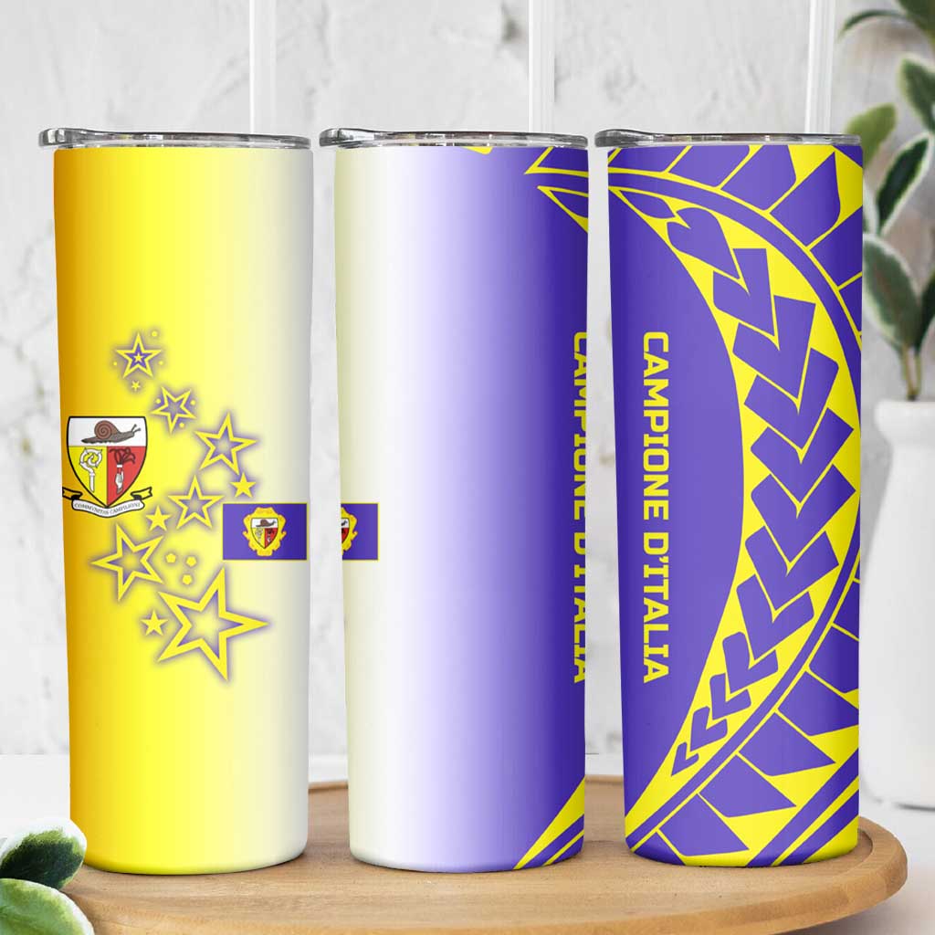 Campione d’Italia Skinny Tumbler with Yellow Purple Star Design and Town Crest - Wonder Print Shop