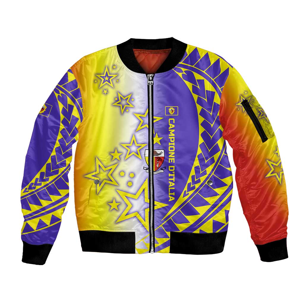 Campione d’Italia Sleeve Zip Bomber Jacket with Yellow Purple Star Design and Town Crest - Wonder Print Shop