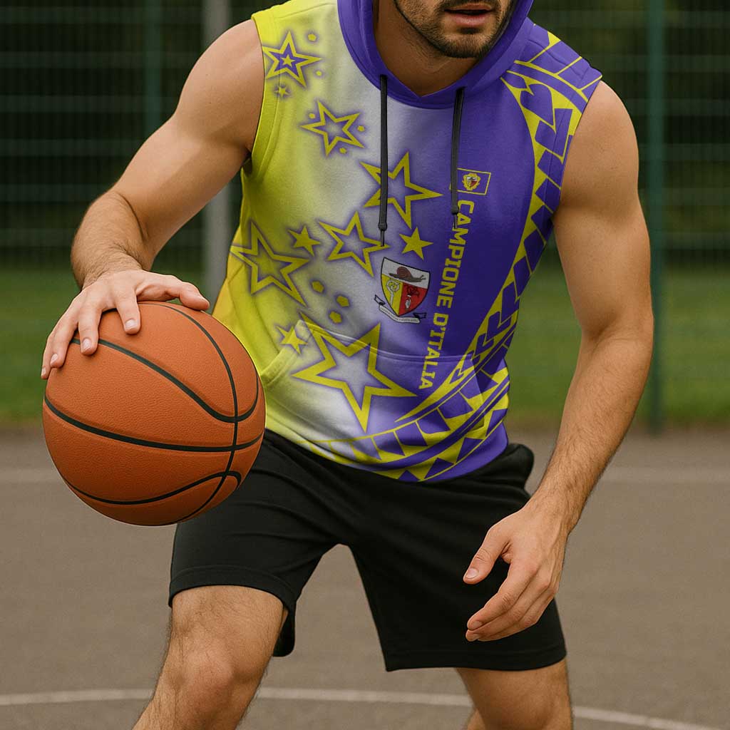 Campione d’Italia Sleeveless Hoodie with Yellow Purple Star Design and Town Crest - Wonder Print Shop