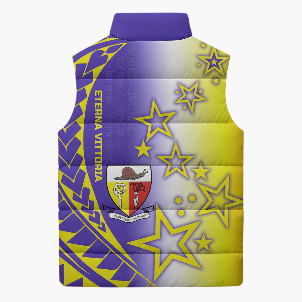 Campione d’Italia Sleeveless Puffer Jacket with Yellow Purple Star Design and Town Crest - Wonder Print Shop