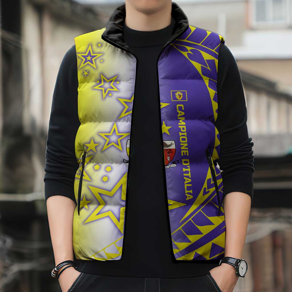 Campione d’Italia Sleeveless Puffer Jacket with Yellow Purple Star Design and Town Crest - Wonder Print Shop