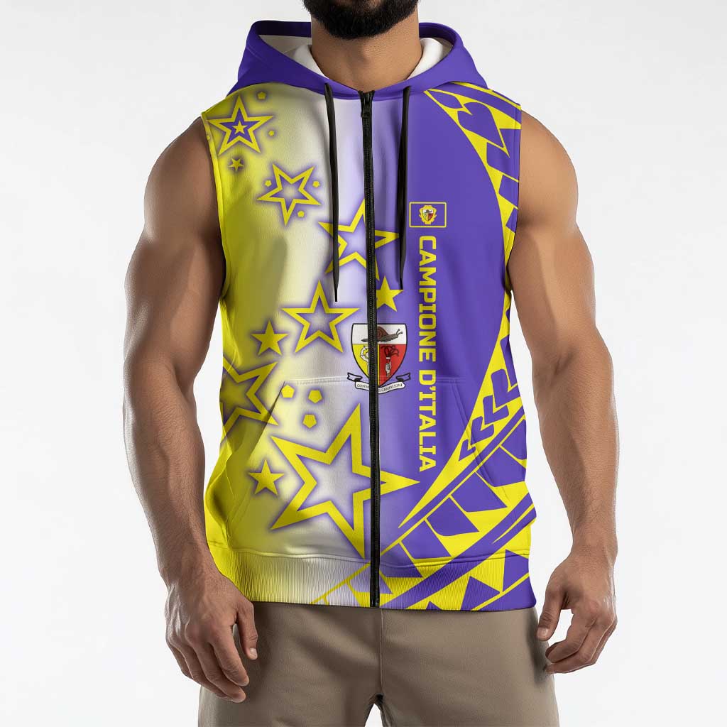 Campione d’Italia Sleeveless Zip Hoodie with Yellow Purple Star Design and Town Crest - Wonder Print Shop
